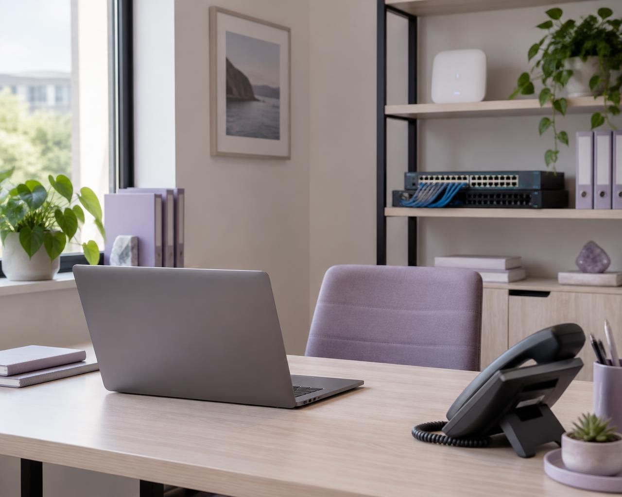 A tidy small-business desk with a laptop, desk phone, and network equipment on a shelf